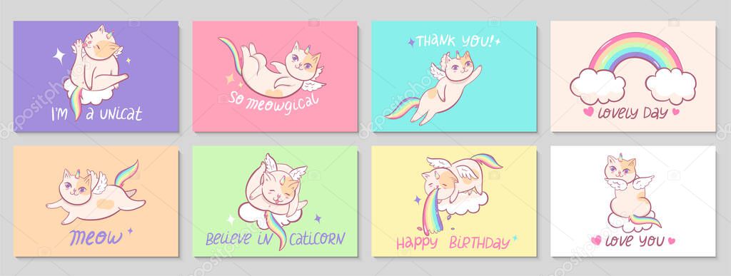 Set of eight cards with cats unicorns and a rainbow, funny inscriptions on cards. Happy birthday, so meowgical, i m a unicat, thank you, lovely day, meow, love you, believe in caticorn