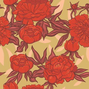 Yeşil arka planda kusursuz kırmızı şakayık deseni. Vektör resmi