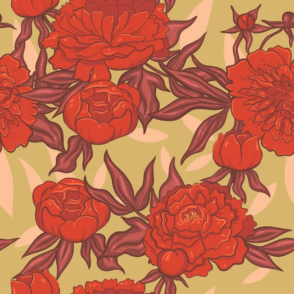 緑の背景に赤い牡丹のシームレスなパターン ベクトル画像 — ストックベクタ