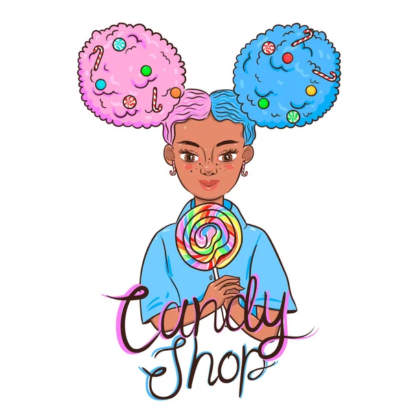 一个拿着棒棒糖的孩子的标志 糖果店漂亮的女孩与粉红色和蓝色的头发 矢量图像 — 图库矢量图片