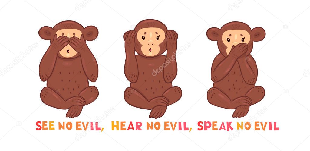 See no evil hear no evil speak no evil inscription. Card with three monkeys on white background. Vector image.