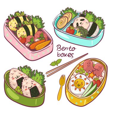 Beyaz bir arka planda izole edilmiş şirin Bentos seti. Vektör resmi.