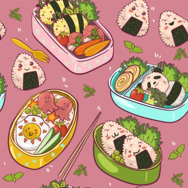 Kawaii Bento ile kusursuz bir düzen. Vektör resmi.