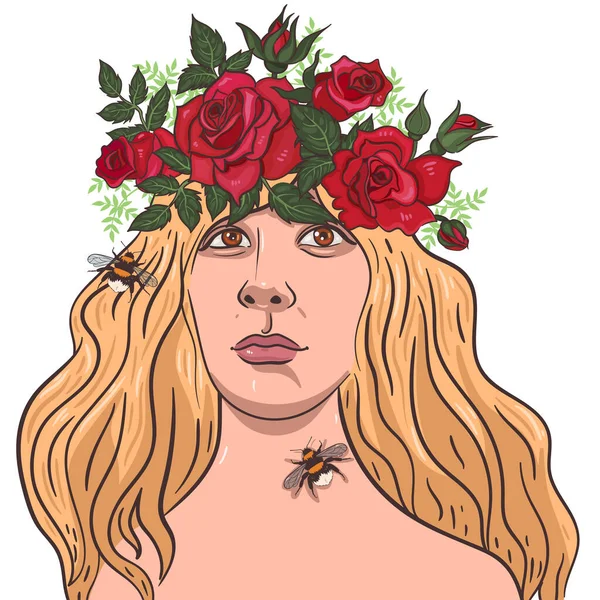 Saçında Çiçekler Olan Bir Kız Beyaz Arka Planda Bir Portre — Stok Vektör