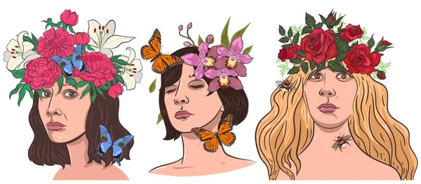 Ensemble Portraits Femmes Avec Des Fleurs Dans Leurs Cheveux Sur — Image vectorielle