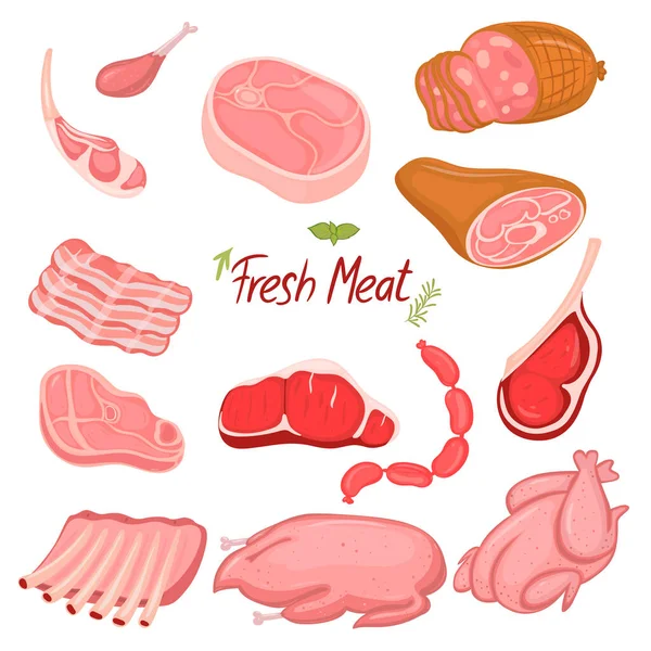 Uppsättning Färskt Rått Kött Isolerad Vit Bakgrund Vektorbild — Stock vektor