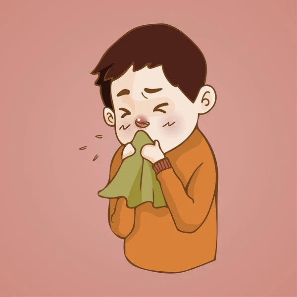 Sick man  has runny nose, caught cold. sneezing into Tissue, flu, Allergy season — Stock Vector