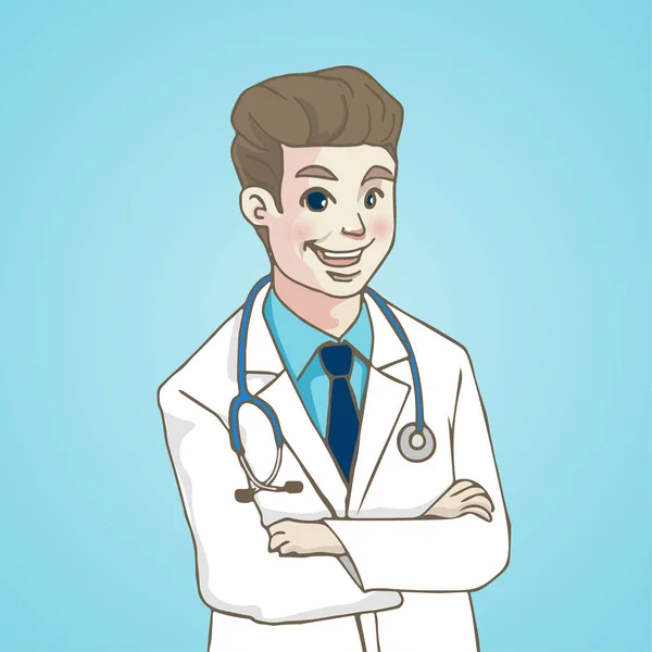 Gülümseyen portre doktor stetoskop, karakter karikatür ile — Stok Vektör