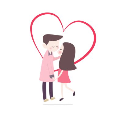 Kırmızı kalp şeklinde, mutlu gülümseyerek ve birlikte öpüşme aşık tatlı Çift. 