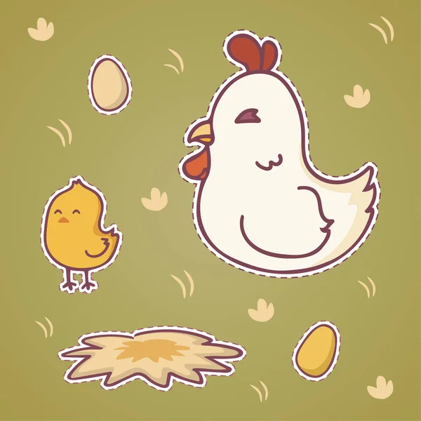 Conjunto de feliz lindo parche de personaje de pollo de dibujos animados, ilustración vectorial — Archivo Imágenes Vectoriales