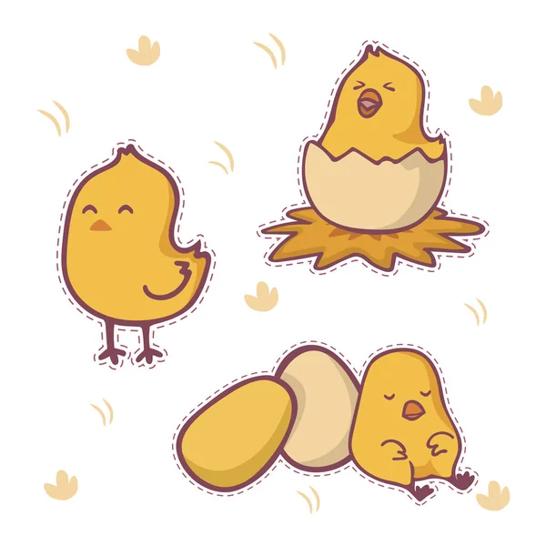 Set di felice carino cartone animato pollo personaggio patch, illustrazione vettoriale — Vettoriale Stock