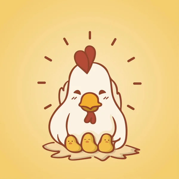 Happy cute karakter ayam kartun dengan ayam kecil, vektor ilustrasi - Stok Vektor
