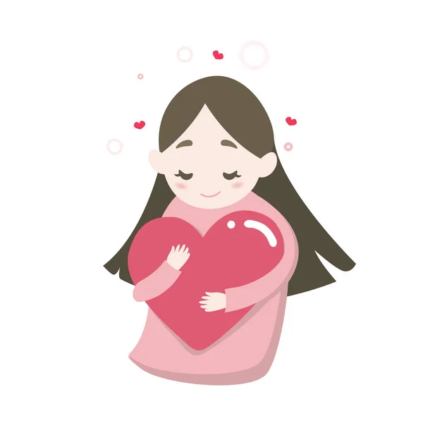 Feliz corazón abrazando linda chica con sentimiento de amor, ilustración de dibujos animados vector — Vector de stock