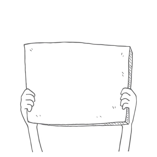 Κρατώντας πινακίδα κενό χαρτί πάνω από το κεφάλι, τα χέρια doodle κινούμενα σχέδια, διανυσματικά εικονογράφηση — Διανυσματικό Αρχείο