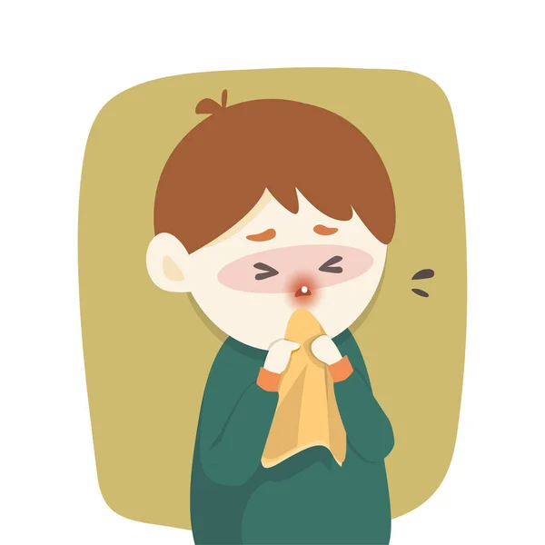 Sick boy has runny nose, caught cold. sneezing into Tissue, flu, Allergy season, Vector illustration — Stock Vector