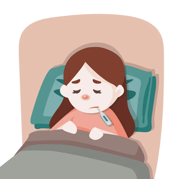 Niña enferma acostada en la cama con un termómetro en la boca y se siente tan mal con la fiebre, ilustración de dibujos animados vector — Vector de stock