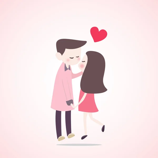 Linda pareja enamorada de corazón rojo en forma, feliz sonriendo y besándose juntos . — Vector de stock