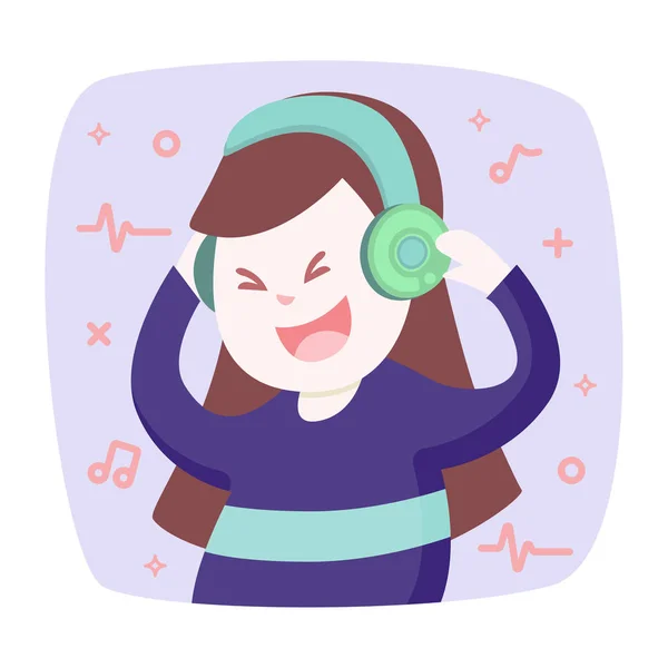 Χαρούμενος και χαμογελαστός νεαρή γυναίκα ακούει μουσική με ακουστικά και d — Διανυσματικό Αρχείο