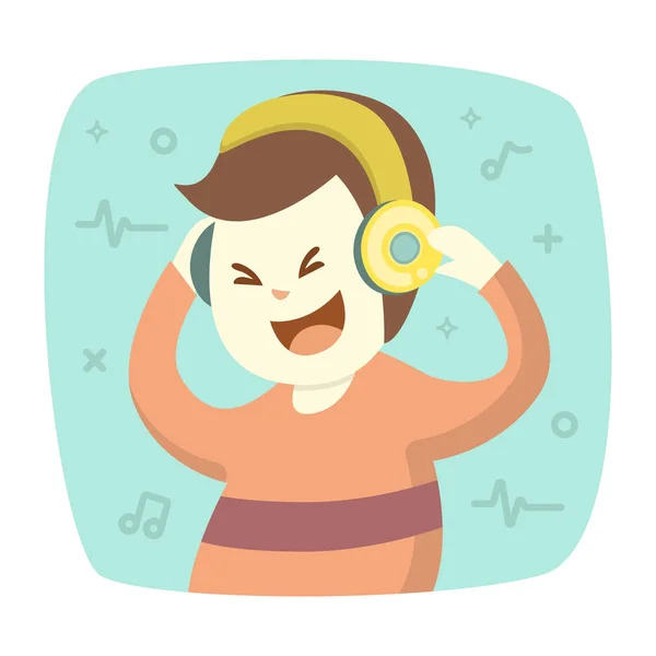 Mutlu gülümseyen genç adam dan ve kulaklık ile müzik dinler