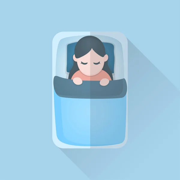 Jonge vrouw in de deken slapen op bed, Cartoon icoon, vectorillustratie. — Stockvector