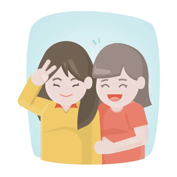 Dos amigas felices riéndose y abrazándose juntas. Mujeres jóvenes disfrutando, ilustración vectorial . — Vector de stock