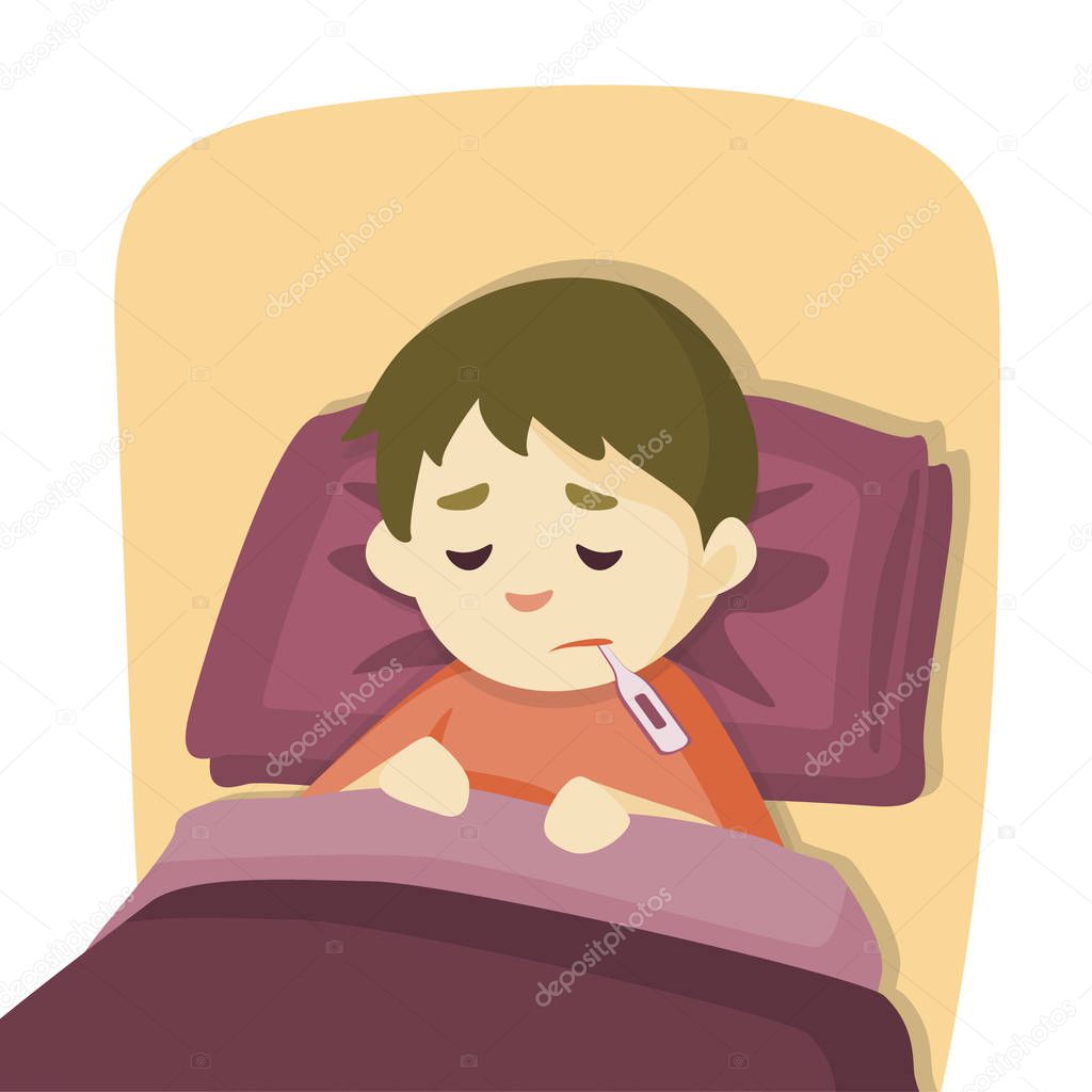 Sick child boy lying in bed with a thermometer in mouth and feel so bad  with fever, vector cartoon illustration