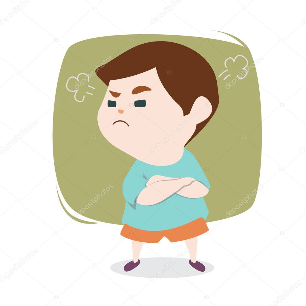 Angry little cute boy with blowing from ears, vector cartoon ill