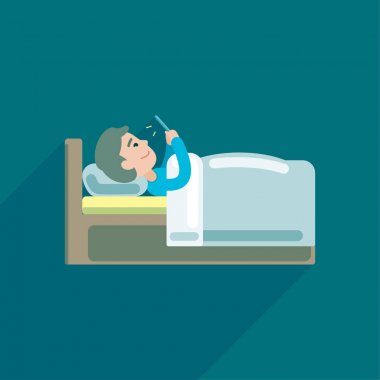 Genç adam akıllı yatakta, vektör simge tasarlamak manifatura kullanma.