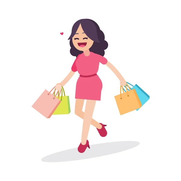 Mulher bonita feliz andando com sacos de compras, personagem, ilustração vetorial . — Vetor de Stock