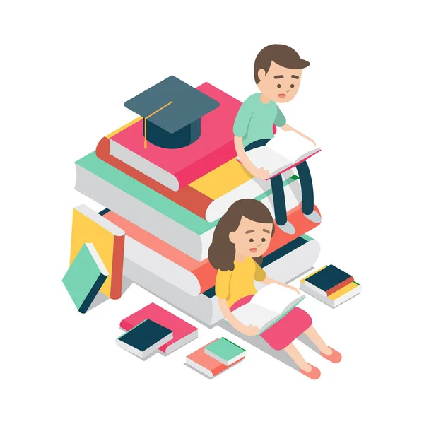 Boy and girl sitting and reading on books, education design concept, Vector illustration. — Stock Vector