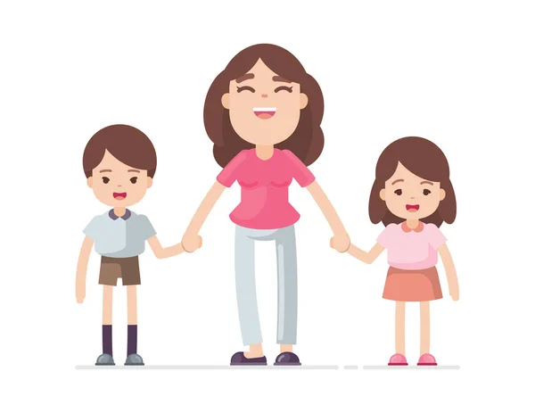 Modern som håller hand son och dotter, glad mamma och barn koncept, vektor karaktär illustration. — Stock vektor
