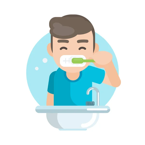 Happy cute boy brushing teeth in bathroom, Vector character illustration. — Stock Vector