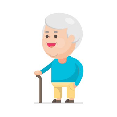 Mutlu sevimli yaşlı adam gülümsüyor, dedesi baston portre, vektör çizim ile.