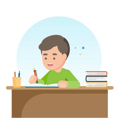 Mutlu sevimli okullu çocuk yazı ev ödevi, çalışma kavramı, vektör çizim için.