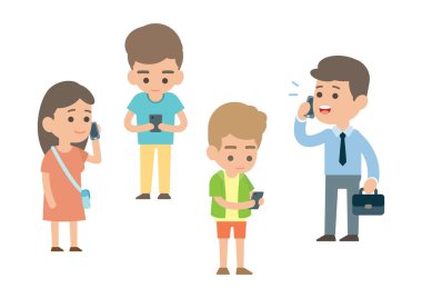 Mutlu insanlar istimal smartphone, gadget kavramı, düz Hüseyin vektör