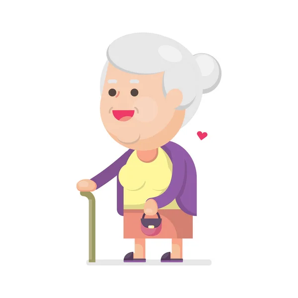पिशवी सह आनंदी गोंडस जुनी स्त्री, चालणे स्टिक पोर्ट्रेटसह आजी, वेक्टर स्पष्टीकरण . — स्टॉक व्हेक्टर