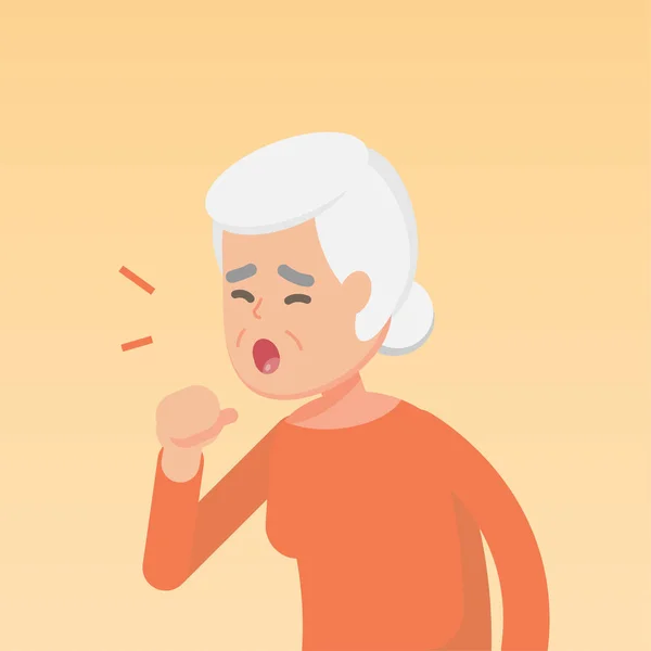 Tos de mujer mayor, concepto de alergia a la enfermedad, ilustración plana vectorial . — Vector de stock