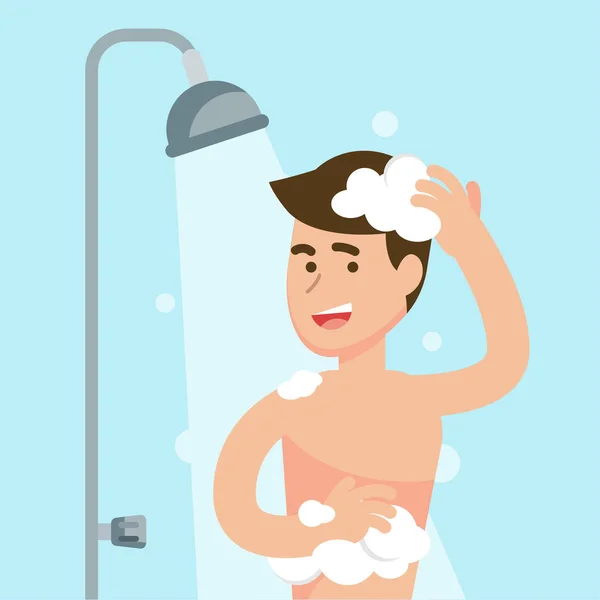 Happy man taking shower in bathroom concept, Flat vector illustr — Stock Vector