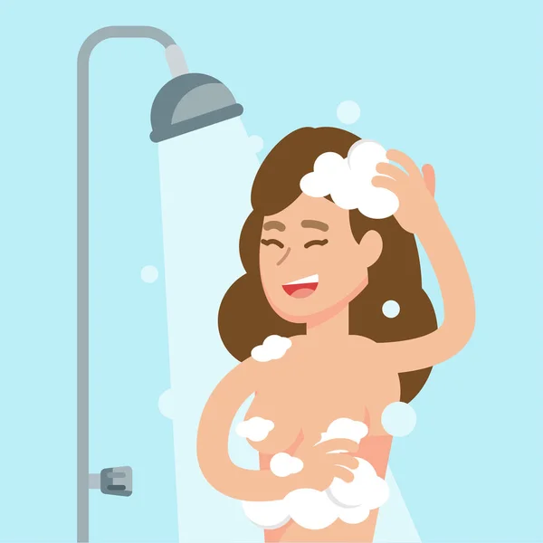 Glückliche Frau unter der Dusche im Badezimmer Konzept, flache Cartoon-Vektor-Illustration. — Stockvektor