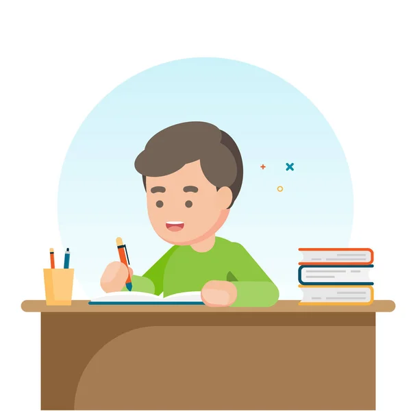 Feliz chico lindo de la escuela escribiendo para la tarea, concepto de estudio, ilustración vectorial . — Archivo Imágenes Vectoriales