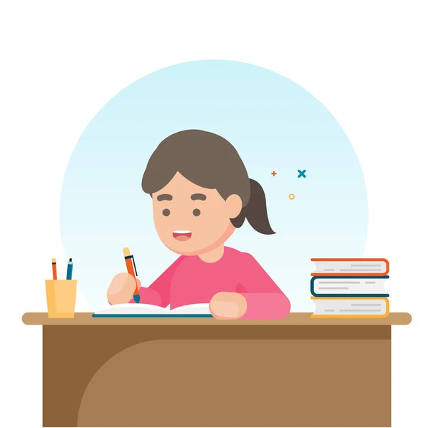 Menina da escola bonito feliz escrevendo para lição de casa, conceito de estudo, ilustração vetorial . — Vetor de Stock