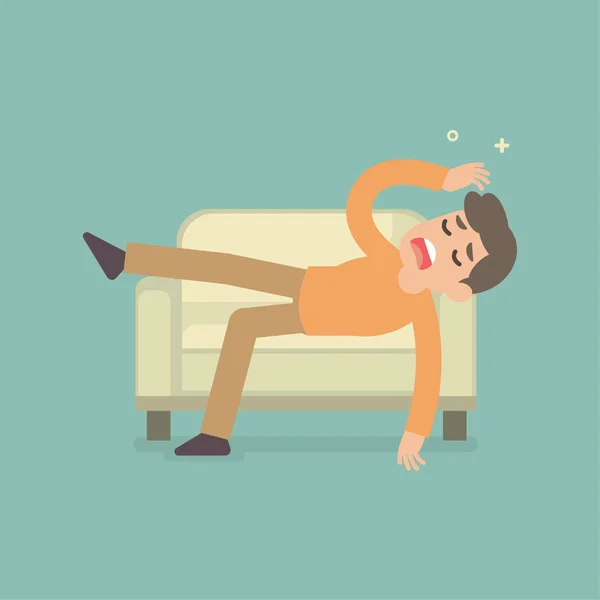 Hombre infeliz triste cansado somnoliento estado de ánimo descansando en concepto de sofá, vector de ilustración plana . — Vector de stock