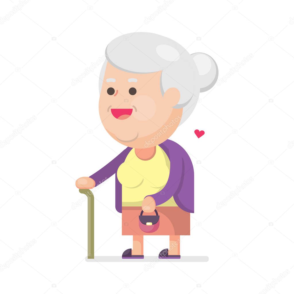 Happy cute old woman with bag, Grandmother with walking stick Portrait, Vector illustration.