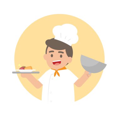 Bir gümüş tepsi ile pişmiş gıda, holding mutlu Şef adam şirin Char