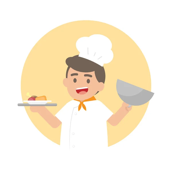 Boldog Chef ember, aki egy ezüst tálcán, főtt ételek, aranyos karakter — Stock Vector