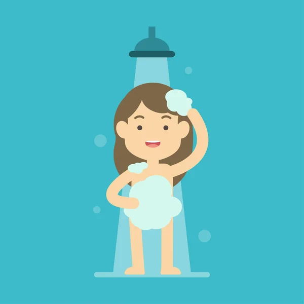 Chica feliz tomando ducha en concepto de baño, vector plano ilustración . — Vector de stock