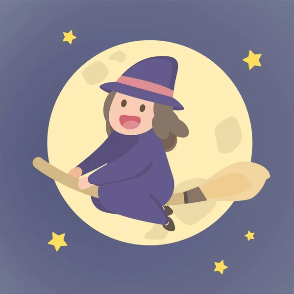 Cute witch girl flying on a broom, Cartoon Halloween holiday, vector illustration on a night background. — Stock Vector
