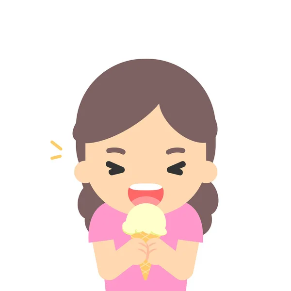 Gadis bahagia makan es krim, menikmati makanan penutup, vector illustrati - Stok Vektor