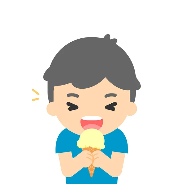 Glücklicher Junge isst Eis, genießt Dessert, Vektor Illustratio — Stockvektor