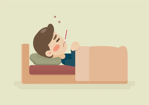Sjuk ung man ligger i sängen med en termometer i munnen, att ha en kall, vektor tecknad illustration. — Stock vektor